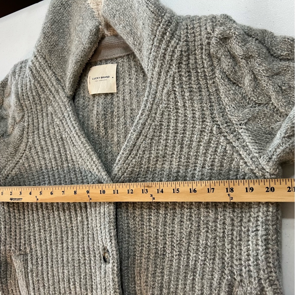 Lucky Brand Cable Knit Cardigan Sweater Wool Blend Chunky V-neck Pockets Gray M - Picture 11 of 16